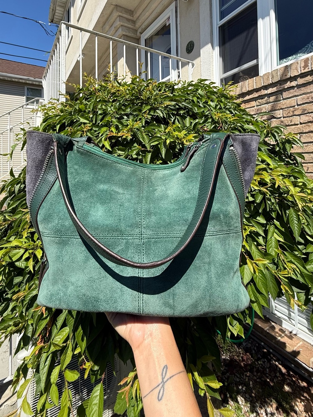 Tignanello Emerald Green Suede Shoulder Bag with Dark Trim